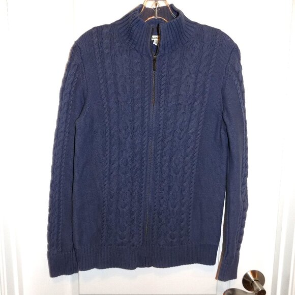 LL Bean Double L Cable Sweater Zip Front Cardigan Blue Medium Cotton Vtg Granny - Picture 1 of 5